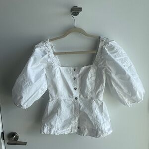 GANNI White Puff Sleeve Blouse Peplum Cotton